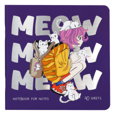 Записная книжка 170*170 мм 40л. на скрепке MESHU "Meow", soft-touch ламинация, тиснение фольгой