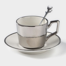 Кофейная пара керамическая «Серебро», 3 предмета: чашка 200 мл, блюдце d=14 см, ложка h=12,5 см, цвет серебряный