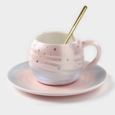 Чайная пара керамическая «Магия», 3 предмета: кружка 260 мл, блюдце d=15,8 см, ложка h=14 см, цвет розовый