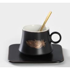 Чайная пара керамическая «Лист», 2 предмета: кружка с ложкой 180 мл, блюдце d=13,5 см, цвет чёрный