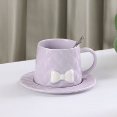 Чайная пара керамическая с ложкой «Бантик», 2 предмета: кружка 350 мл, блюдце d=15 см, цвет сиреневый