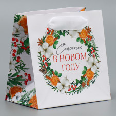 Пакет подарочный новогодний ламинированный квадратный «Счастье», 14×14×9 см