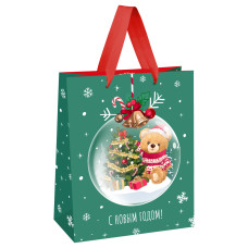Пакет подарочный 11*14*6,5см MESHU "Christmas bear", выборочный лак, матовая ламинация